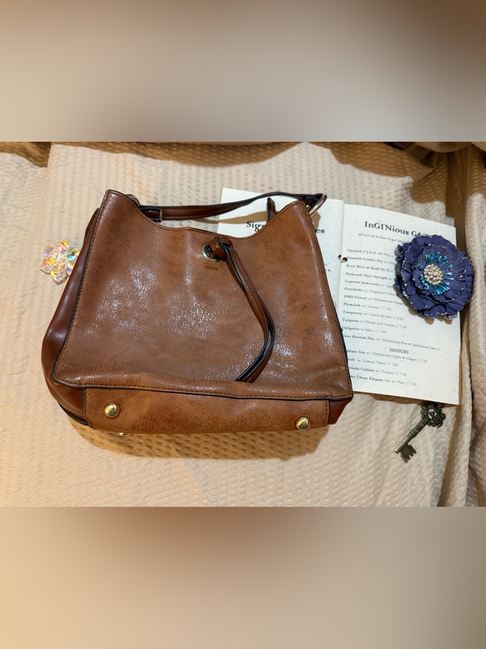 Genuine Leather Brown Bucket Bag Distressed Shoulder Purse Drawstring